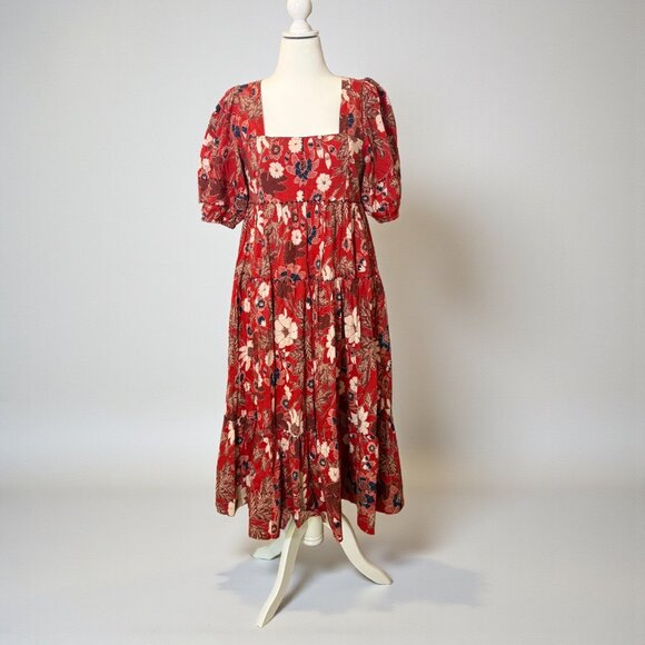 Ulla Johnson Nora Floral Gathered Midi Dress Size 12  Red Puff Sleeve Tiered - Picture 6 of 16
